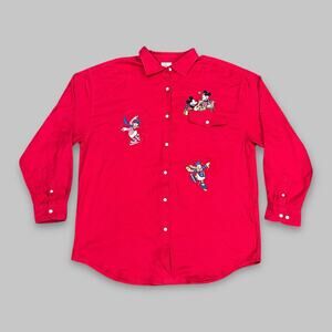 Vintage Disney Red Button-Up Shirt Mickey Minnie Donald Daisy Embroidered XL